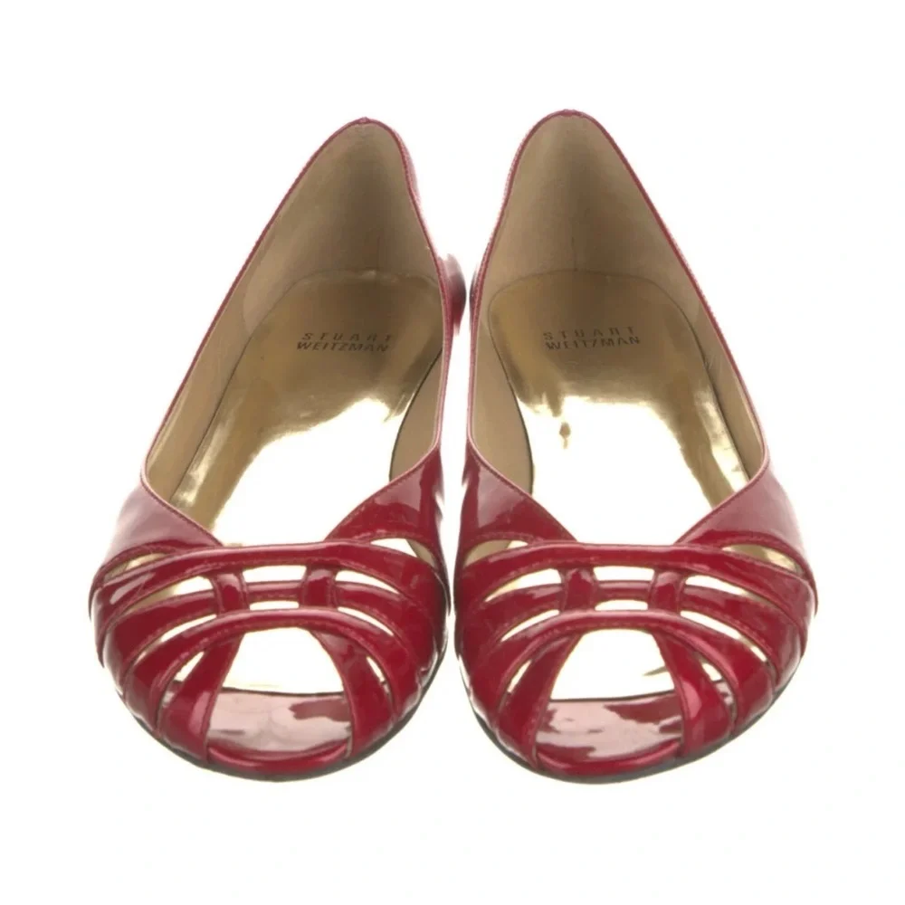 Stuart Weitzman Red Patent Peep-Toe Wedge Flats Size 10 - Picture 3 of 3